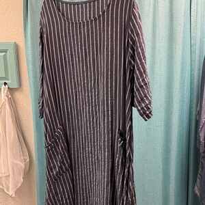 Striped Blue Casual Pocket Linen Midi Dress